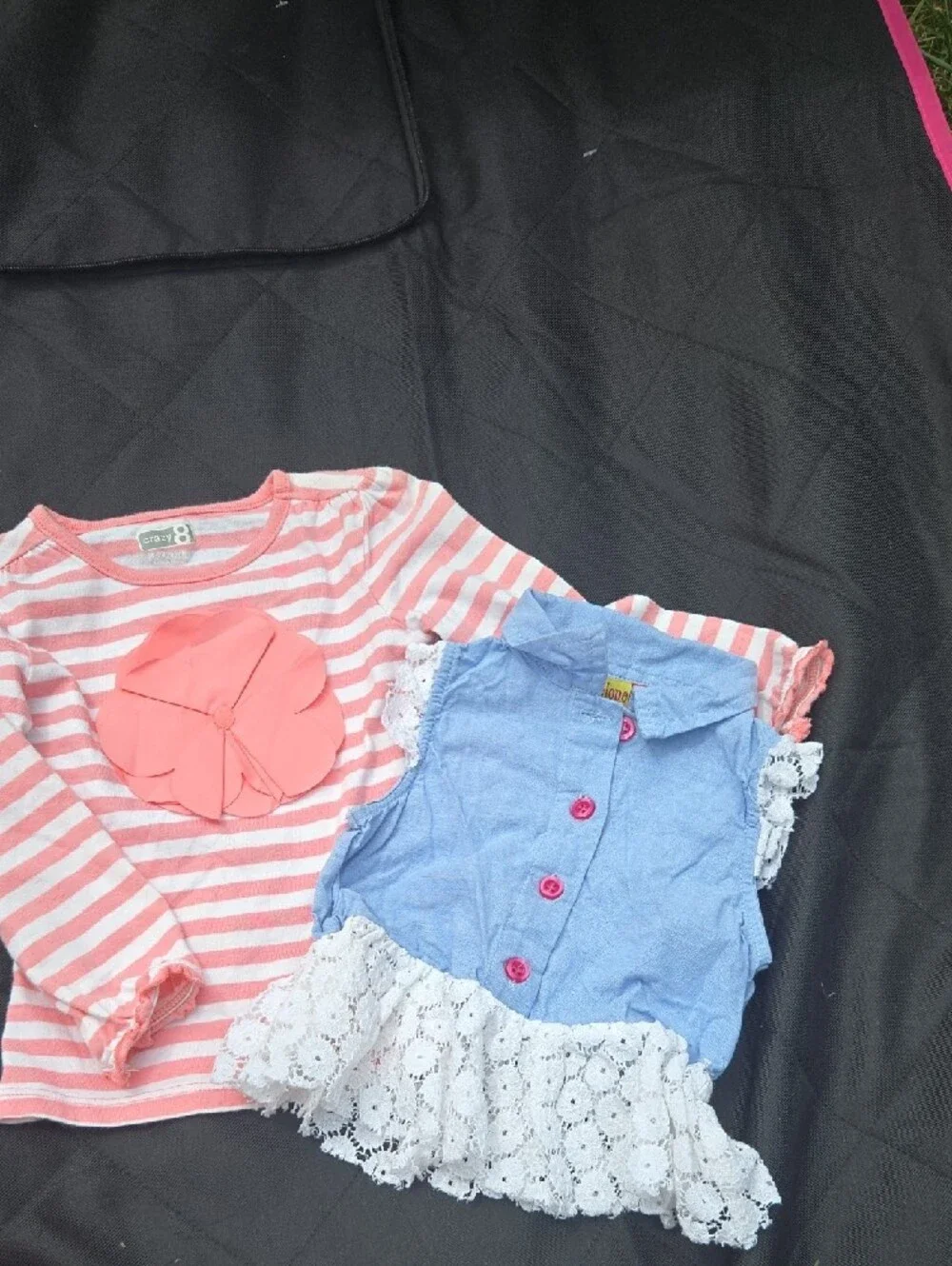 Lot of 7 pieces of girls clothes, tops, dresses, and bottoms.